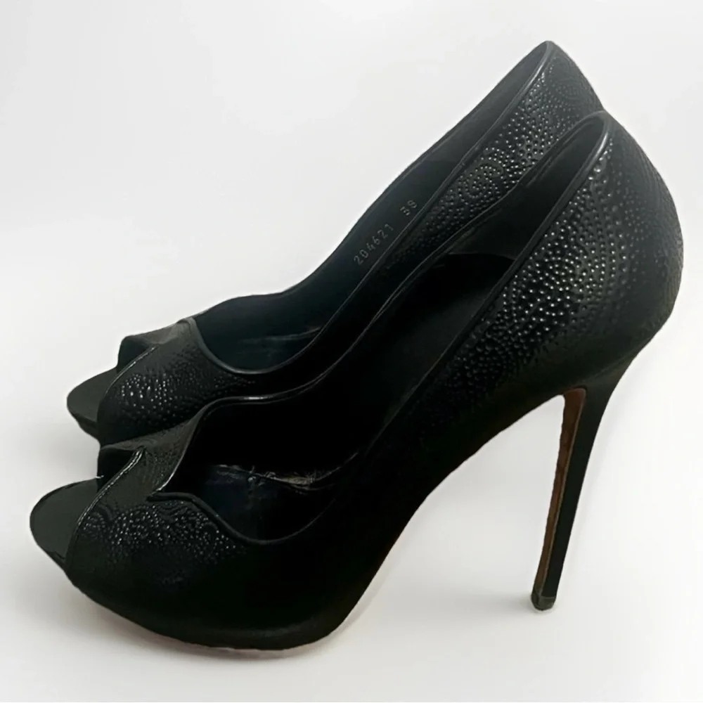 Alexander McQueen Leather Designer Stiletto Heels Womens 8 Black Paisley Luxury